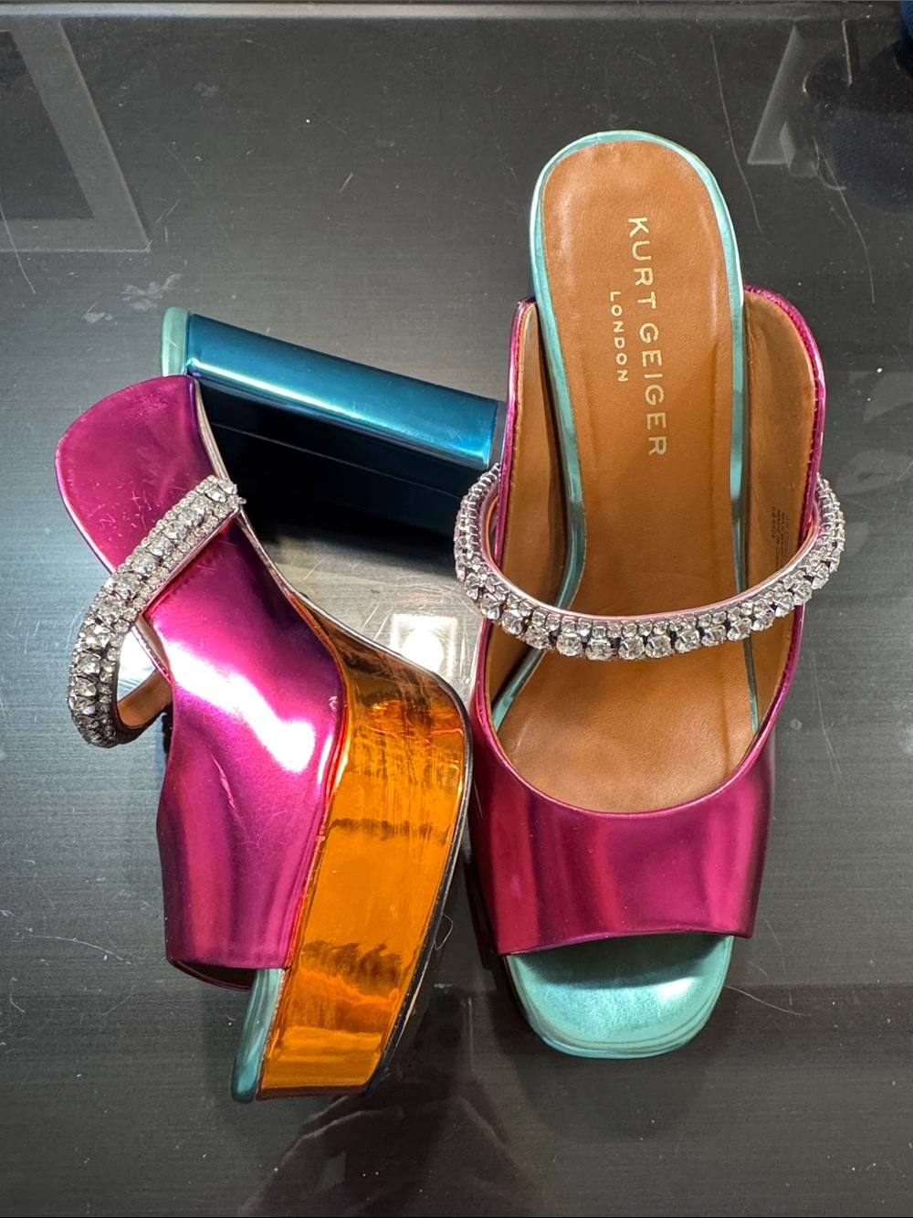Kurt Geiger Metallic Pink and Turquoise Platform Mules with Crystal Strap 41 euc